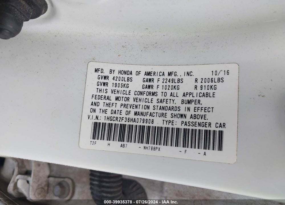 2017 HONDA ACCORD LX VIN: 1HGCR2F36HA079908
