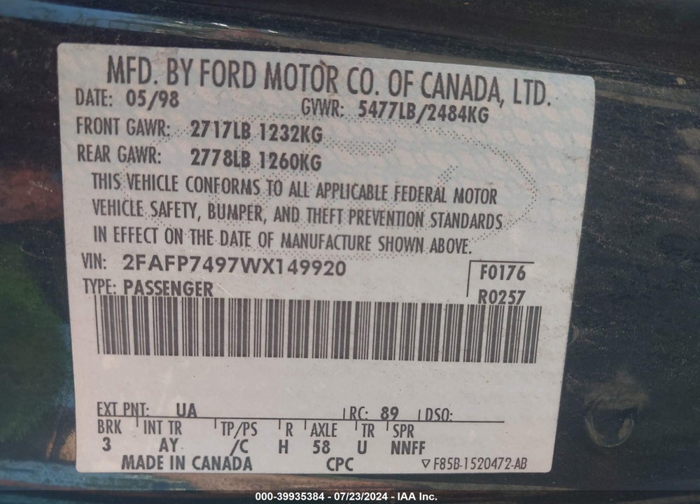 1998 FORD CROWN VICTORIA LX VIN: 2FAFP7497WX149920