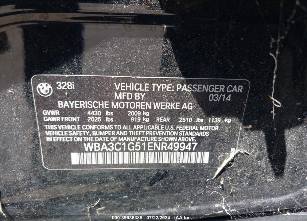 2014 BMW 328I VIN: WBA3C1G51ENR49947