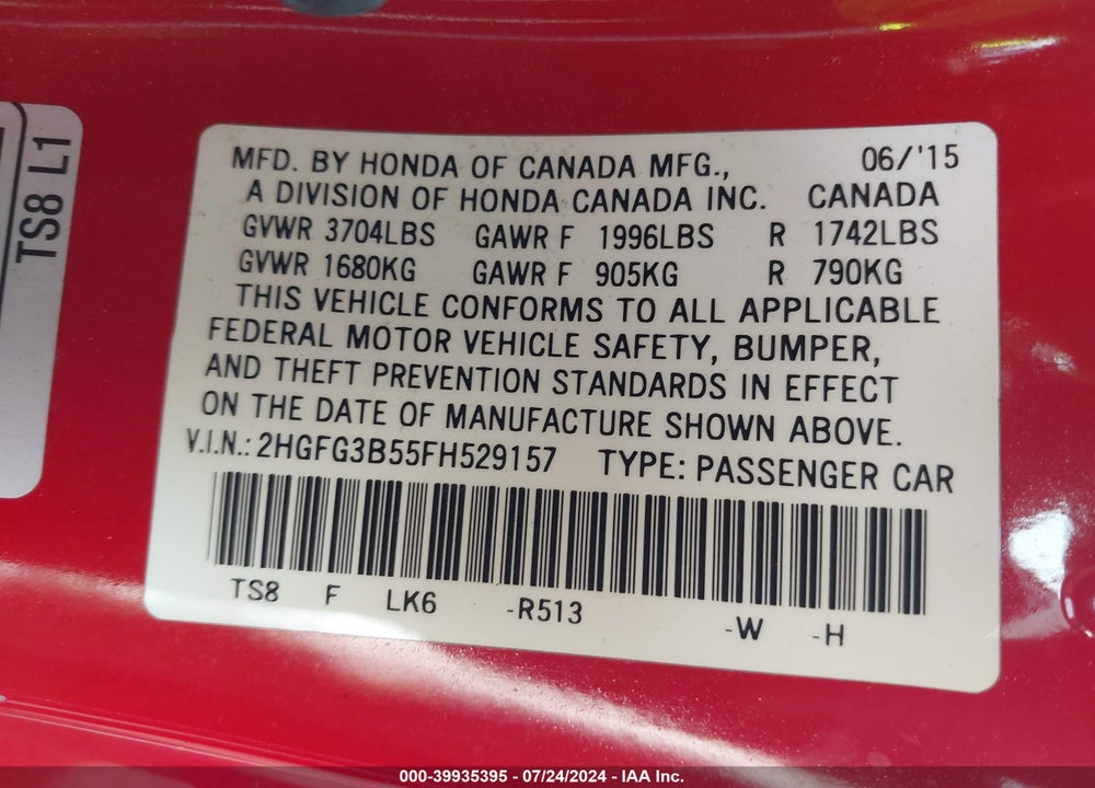 2015 HONDA CIVIC LX VIN: 2HGFG3B55FH529157