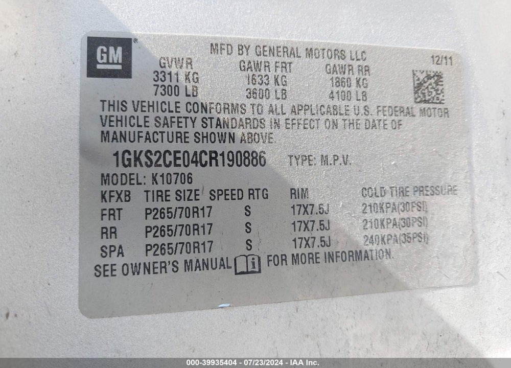 2012 GMC YUKON SLT VIN: 1GKS2CE04CR190886