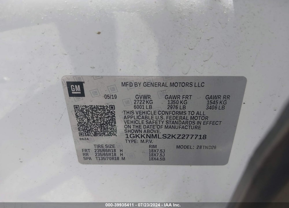2019 GMC ACADIA SLT-1 VIN: 1GKKNMLS2KZ277718