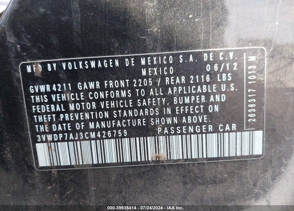 2012 VOLKSWAGEN JETTA 2.5L SE VIN: 3VWDP7AJ3CM426759