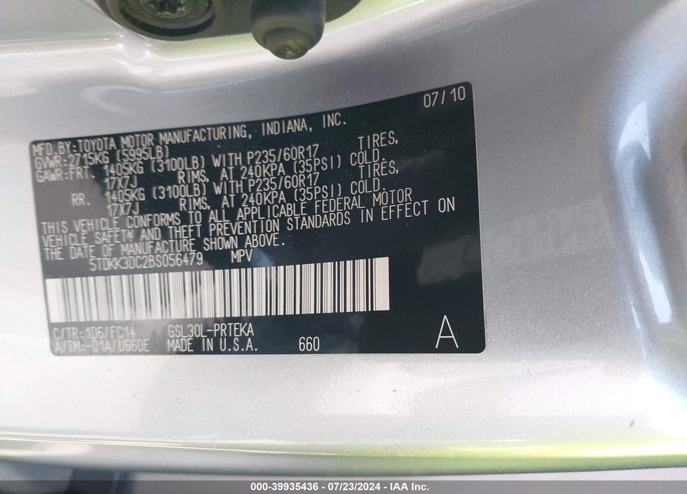 2011 TOYOTA SIENNA LE V6 VIN: 5TDKK3DC2BS056479