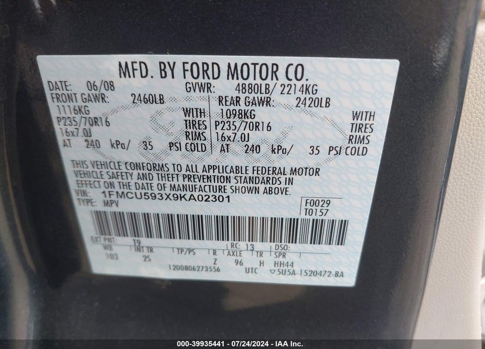 2009 FORD ESCAPE HYBRID LIMITED VIN: 1FMCU593X9KA02301