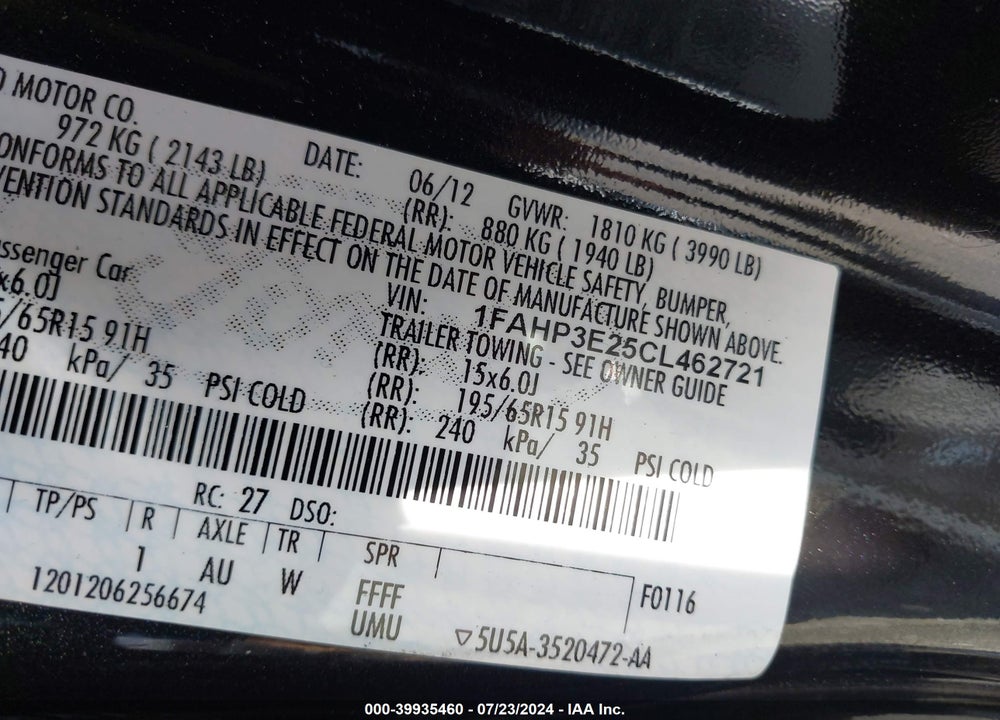 2012 FORD FOCUS S VIN: 1FAHP3E25CL462721