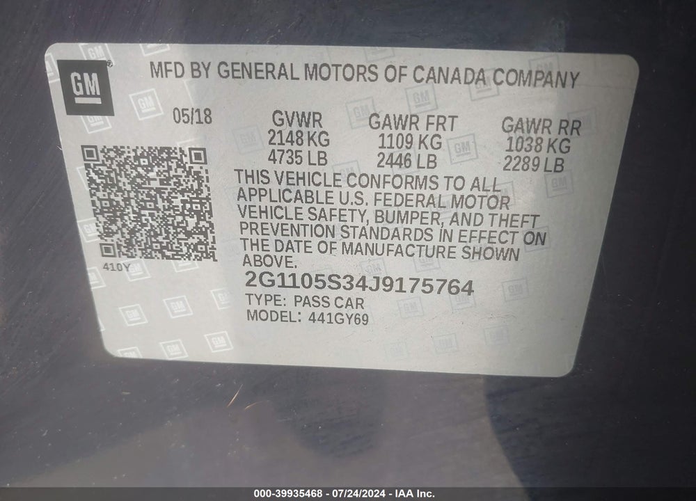 2018 CHEVROLET IMPALA 1LT VIN: 2G1105S34J9175764