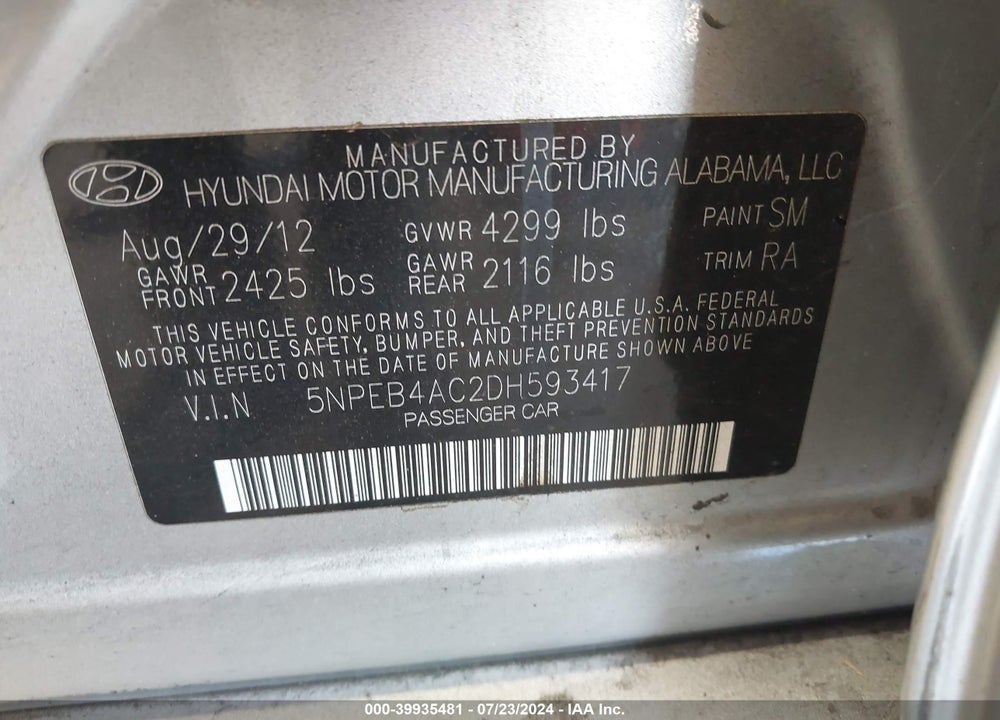 2013 HYUNDAI SONATA GLS VIN: 5NPEB4AC2DH593417