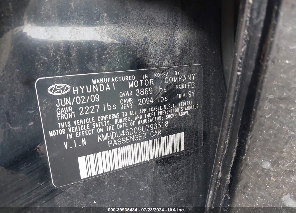 2009 HYUNDAI ELANTRA GLS VIN: KMHDU46D09U793518