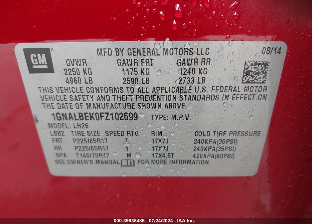 2015 CHEVROLET EQUINOX 1LT VIN: 1GNALBEK0FZ102699