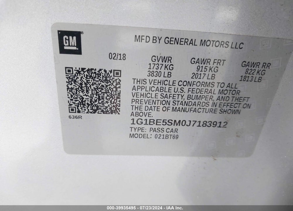 2018 CHEVROLET CRUZE LT AUTO VIN: 1G1BE5SM0J7183912