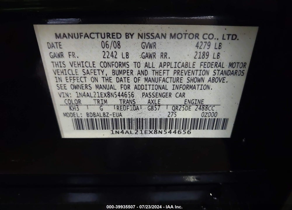 2008 NISSAN ALTIMA 2.5 S VIN: 1N4AL21EX8N544656