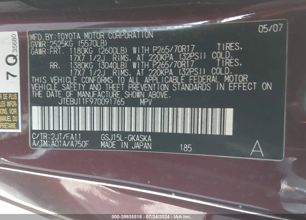 2007 TOYOTA FJ CRUISER VIN: JTEBU11F970091765