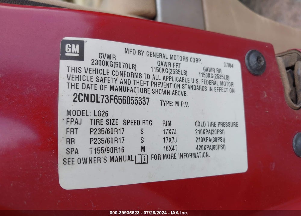2005 CHEVROLET EQUINOX LT VIN: 2CNDL73F656055337