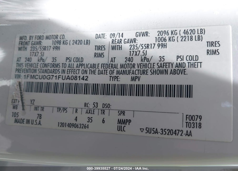 2015 FORD ESCAPE VIN: 1FMCU0G71FUA08142