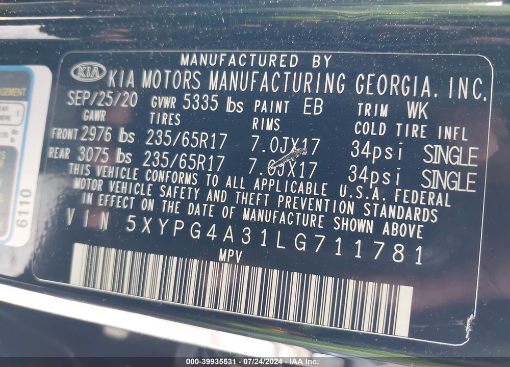 2020 KIA SORENTO 2.4L L VIN: 5XYPG4A31LG711781