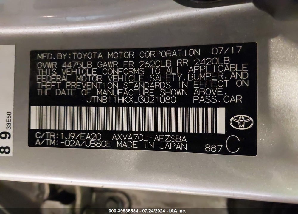 2018 TOYOTA CAMRY SE VIN: JTNB11HKXJ3021080