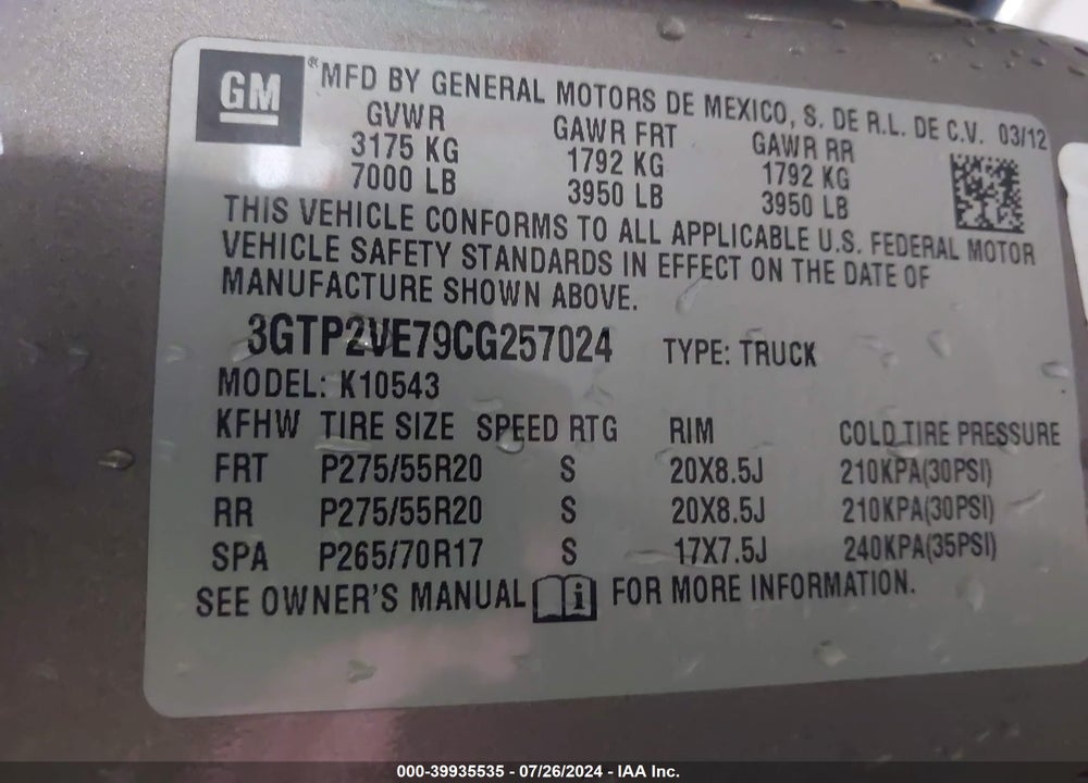 2012 GMC SIERRA 1500 SLE VIN: 3GTP2VE79CG257024