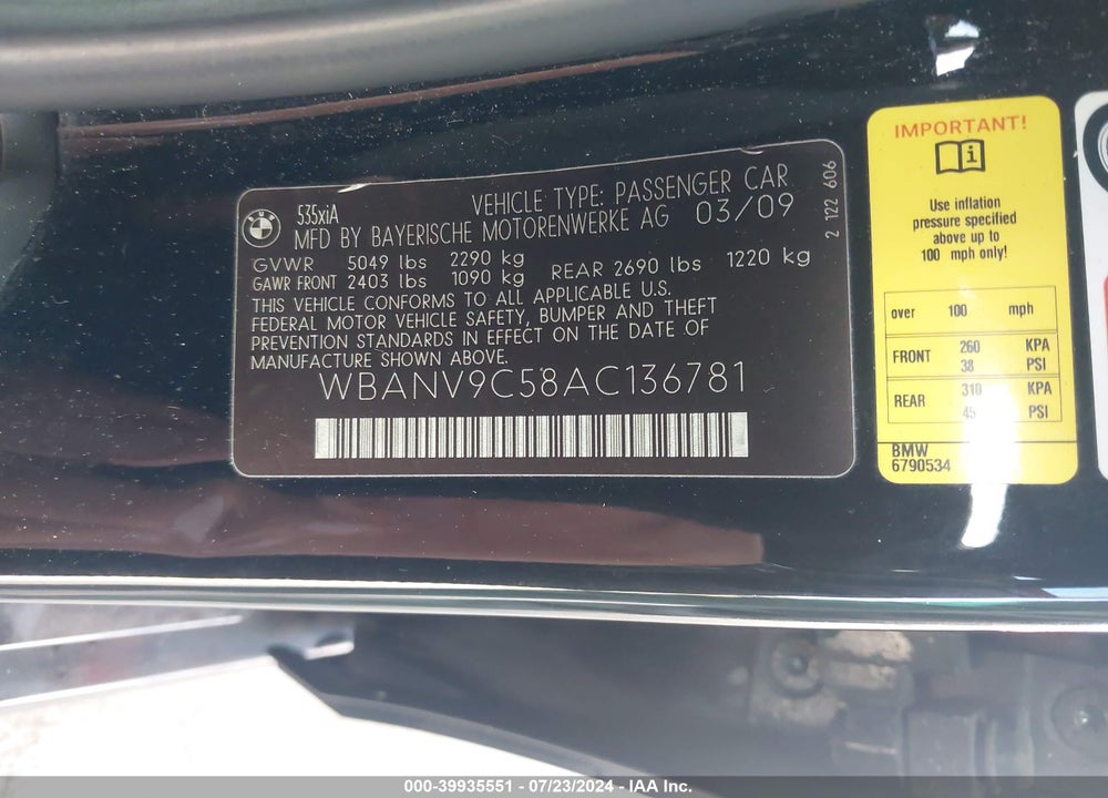 2010 BMW 535I XDRIVE VIN: WBANV9C58AC136781