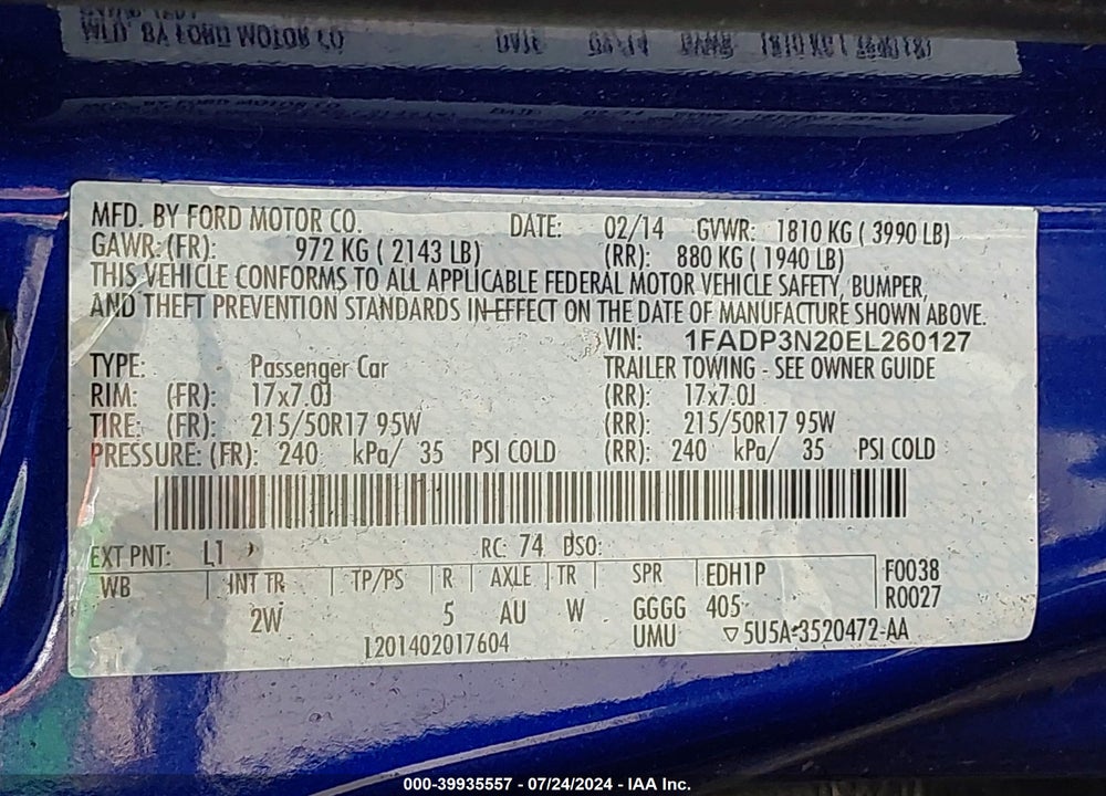 2014 FORD FOCUS TITANIUM VIN: 1FADP3N20EL260127
