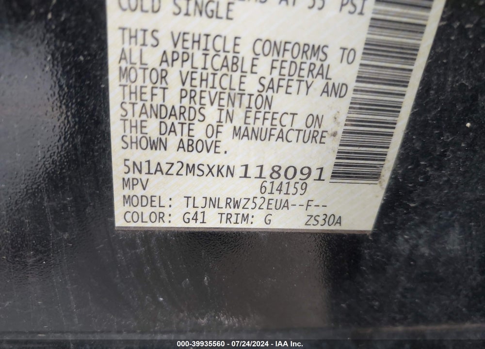 2019 NISSAN MURANO SL VIN: 5N1AZ2MSXKN118091