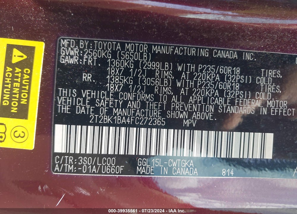 2015 LEXUS RX 350 VIN: 2T2BK1BA4FC272365