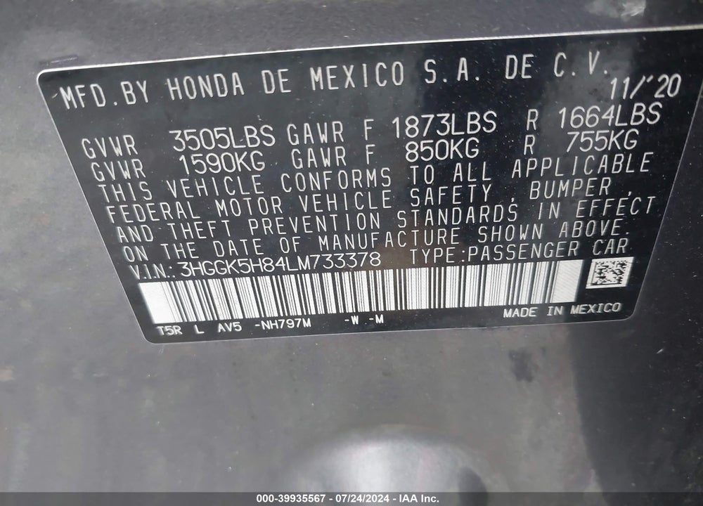 2020 HONDA FIT EX VIN: 3HGGK5H84LM733378