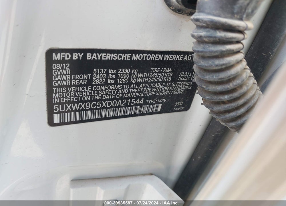 2013 BMW X3 XDRIVE28I VIN: 5UXWX9C5XD0A21544