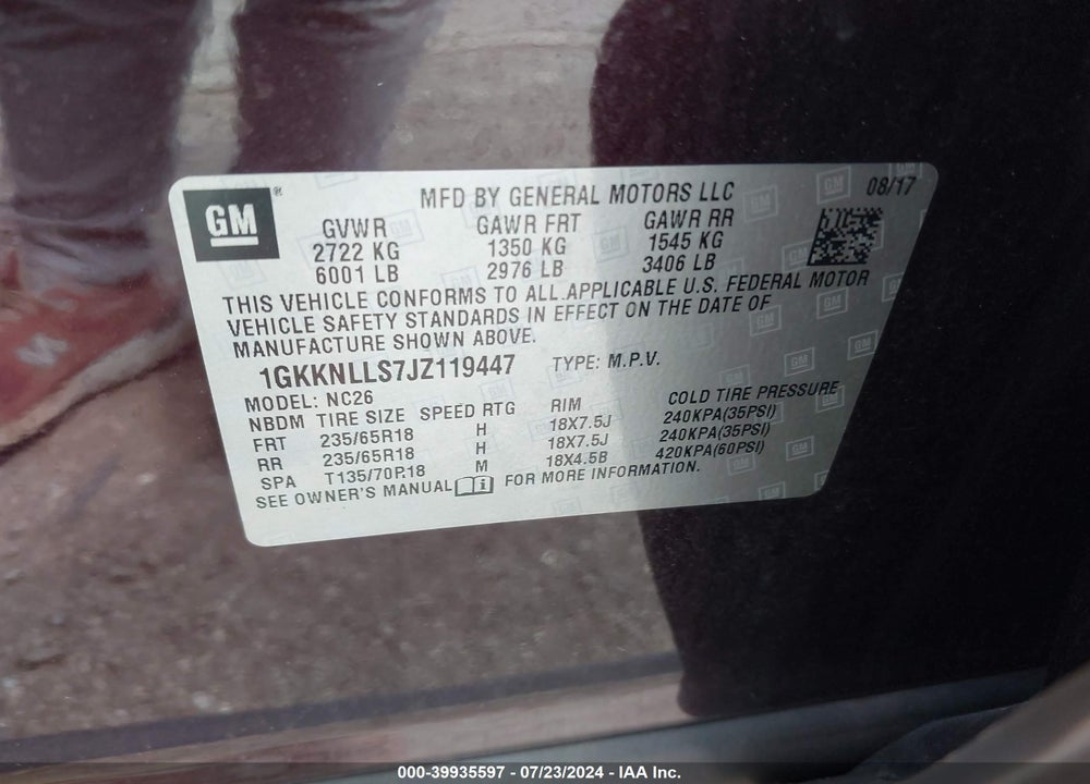 2018 GMC ACADIA SLE-2 VIN: 1GKKNLLS7JZ119447