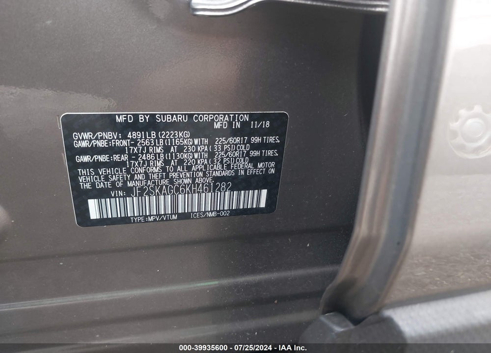 2019 SUBARU FORESTER PREMIUM VIN: JF2SKAGC6KH461282