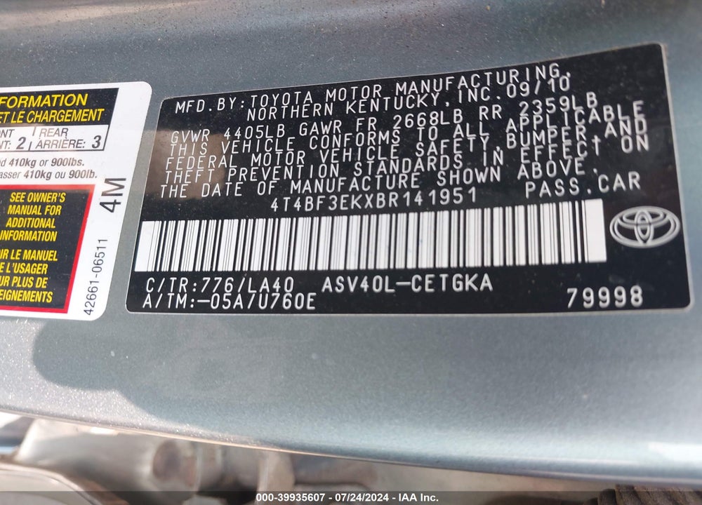 2011 TOYOTA CAMRY XLE VIN: 4T4BF3EKXBR141951
