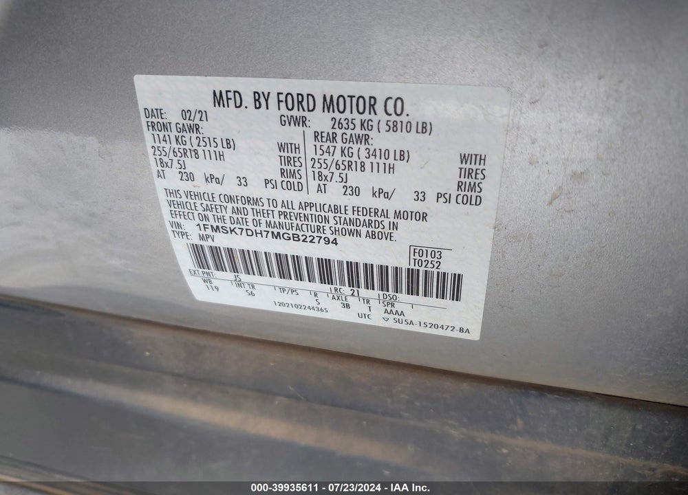 2021 FORD EXPLORER XLT VIN: 1FMSK7DH7MGB22794