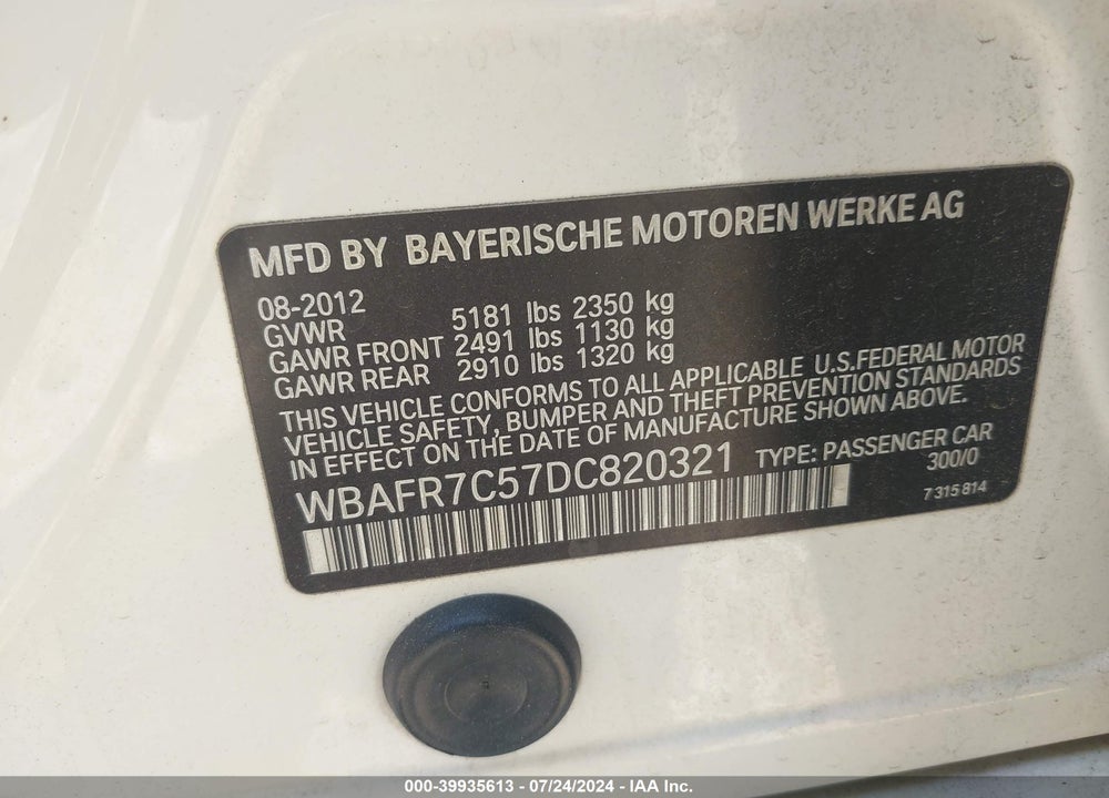 2013 BMW 535I VIN: WBAFR7C57DC820321