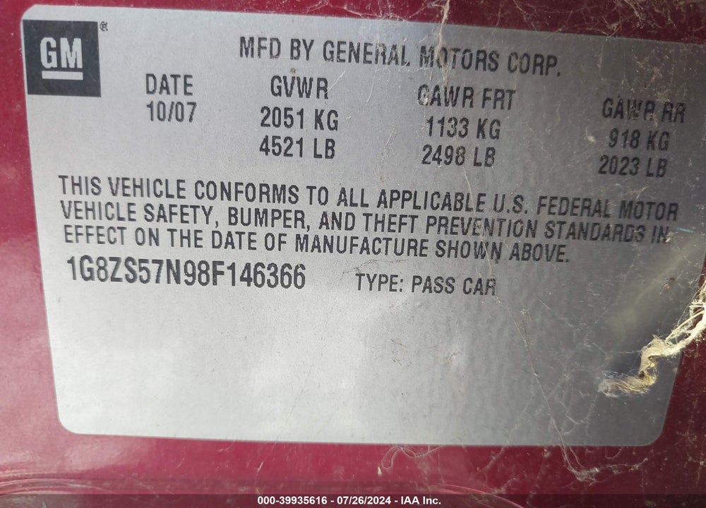 2008 SATURN AURA XE VIN: 1G8ZS57N98F146366