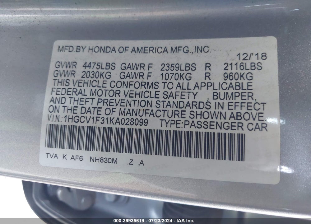 2019 HONDA ACCORD SPORT VIN: 1HGCV1F31KA028099