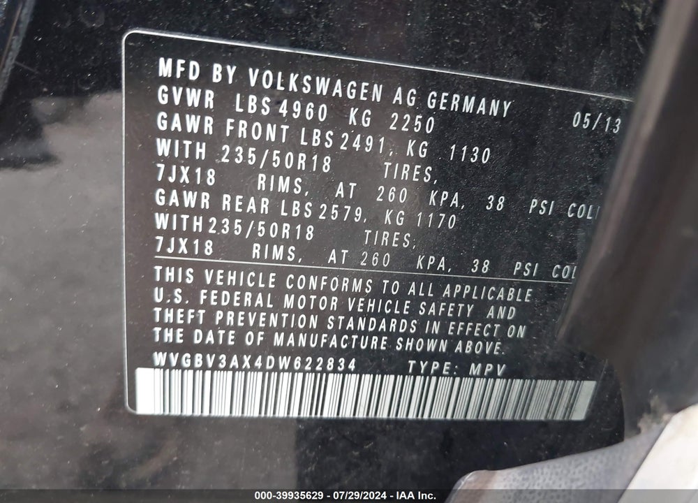 2013 VOLKSWAGEN TIGUAN SE VIN: WVGBV3AX4DW622834