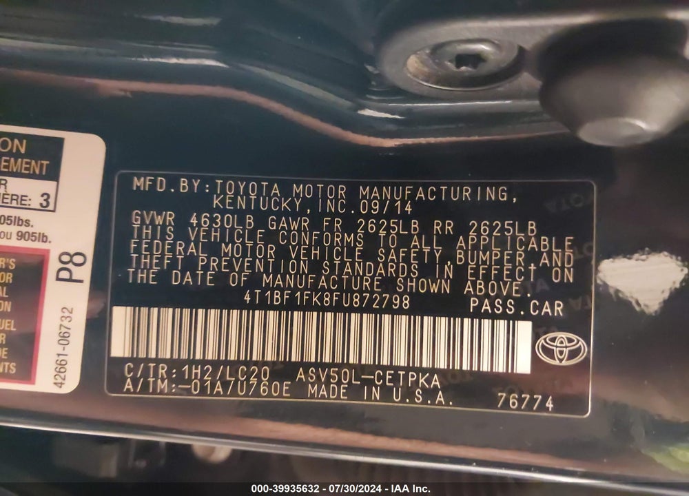 2015 TOYOTA CAMRY XSE VIN: 4T1BF1FK8FU872798