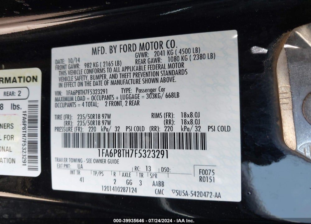 2015 FORD MUSTANG ECOBOOST VIN: 1FA6P8TH7F5323291