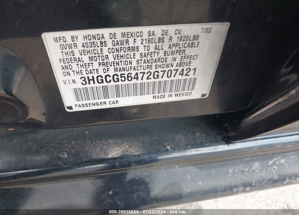 2002 HONDA ACCORD 2.3 LX VIN: 3HGCG56472G707421