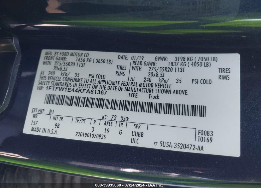 2019 FORD F-150 PLATINUM VIN: 1FTFW1E44KFA81367