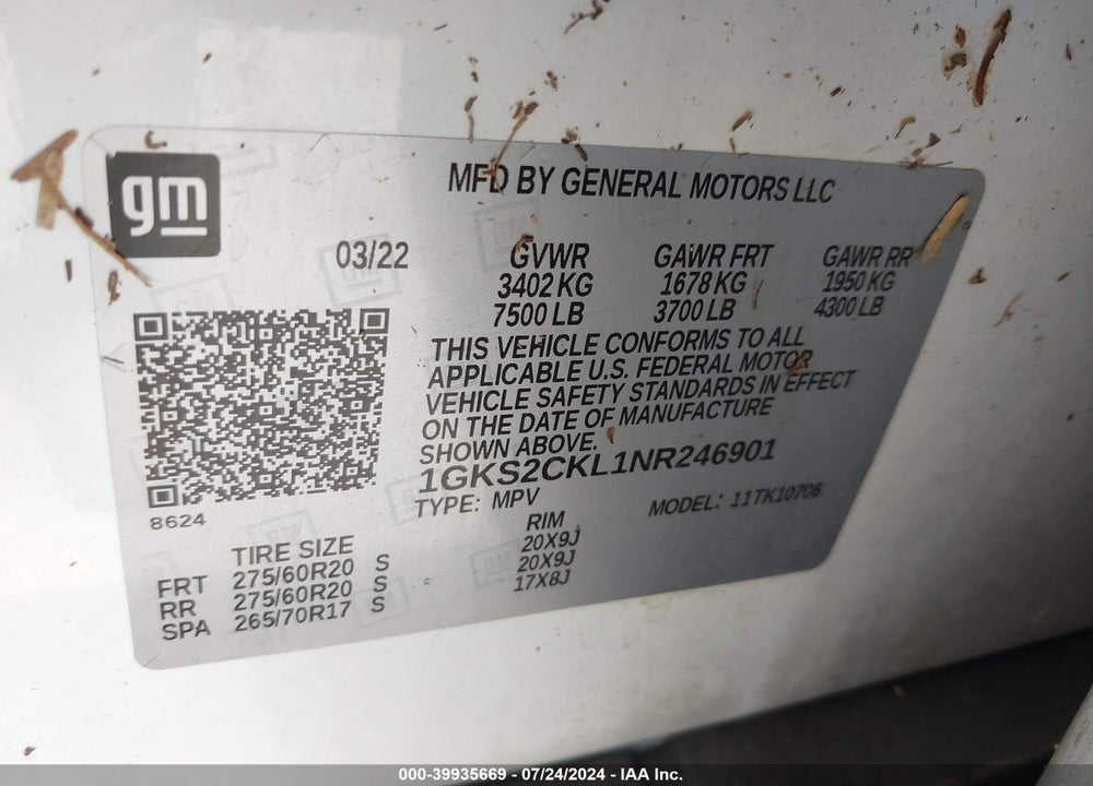 2022 GMC YUKON 4WD AT4 VIN: 1GKS2CKL1NR246901