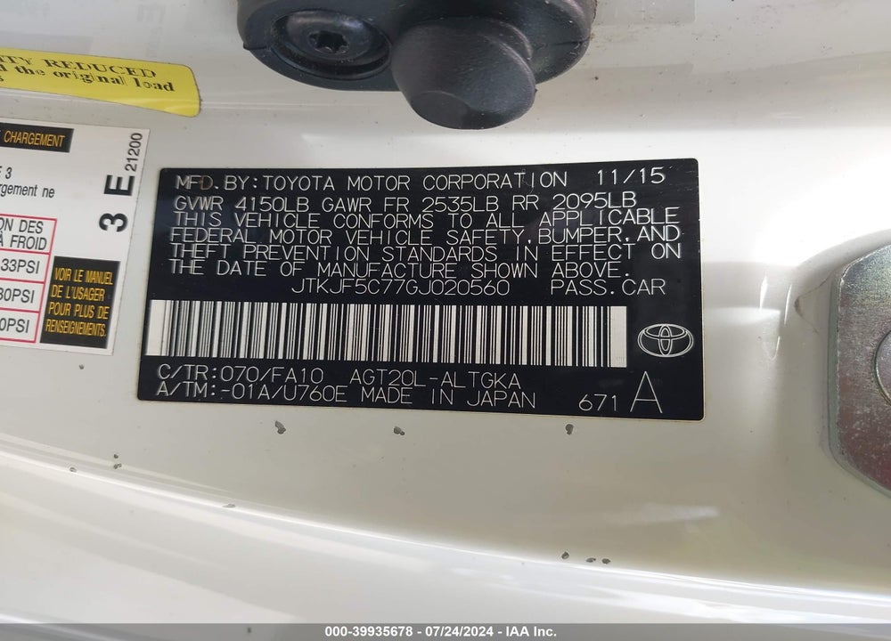 2016 SCION TC VIN: JTKJF5C77GJ020560