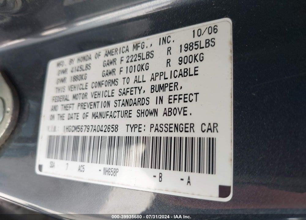 2007 HONDA ACCORD 2.4 EX VIN: 1HGCM56797A042658