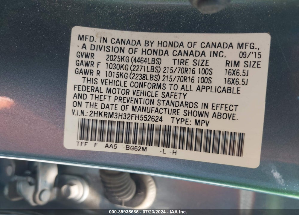 2015 HONDA CR-V LX VIN: 2HKRM3H32FH552624