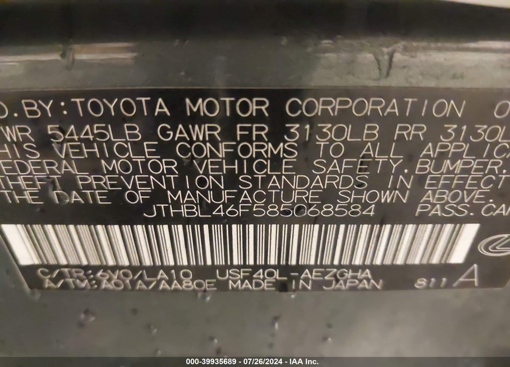2008 LEXUS LS 460 VIN: JTHBL46F585068584