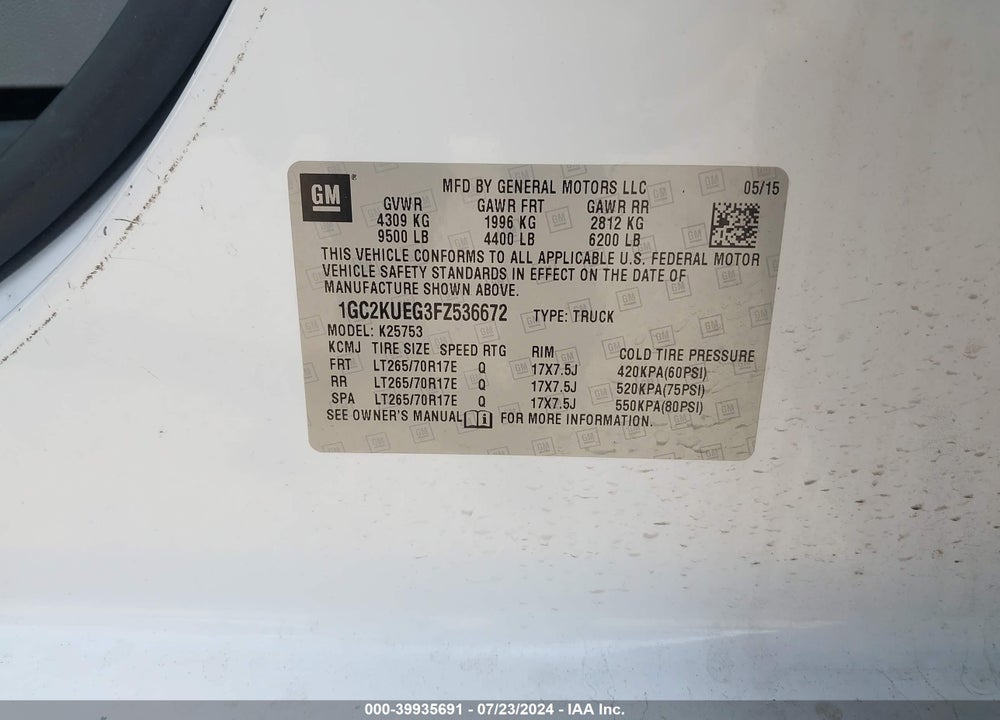 2015 CHEVROLET SILVERADO 2500HD VIN: 1GC2KUEG3FZ536672