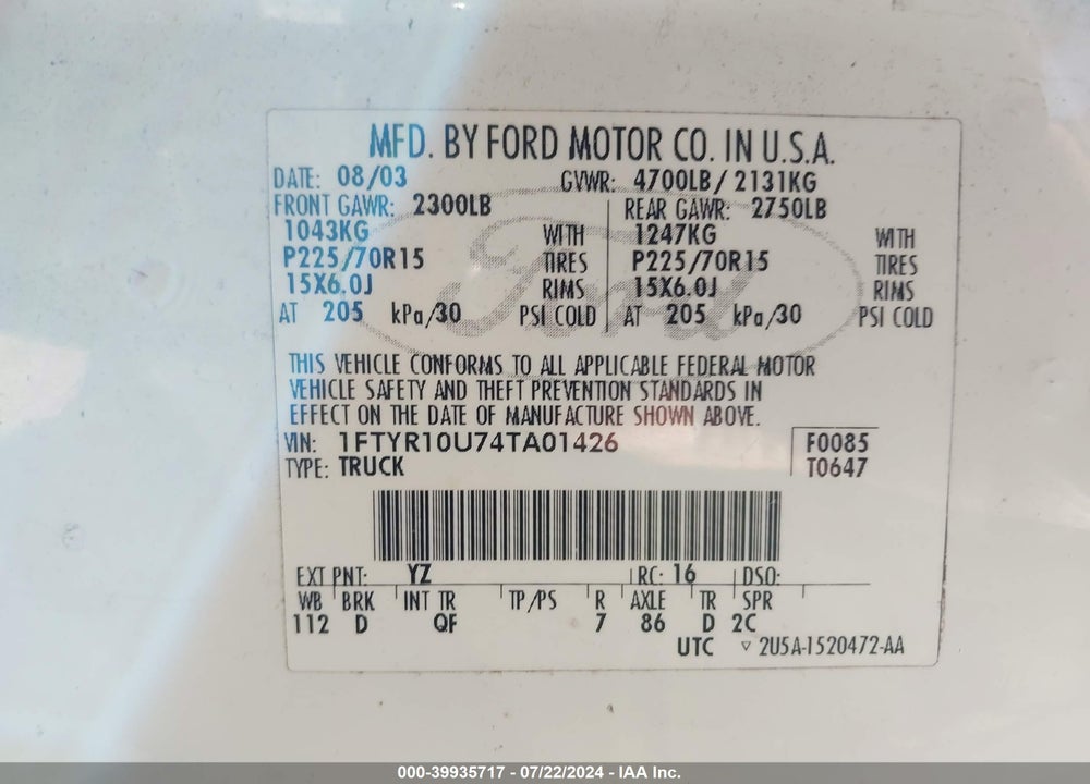 2004 FORD RANGER EDGE/XL/XLT VIN: 1FTYR10U74TA01426