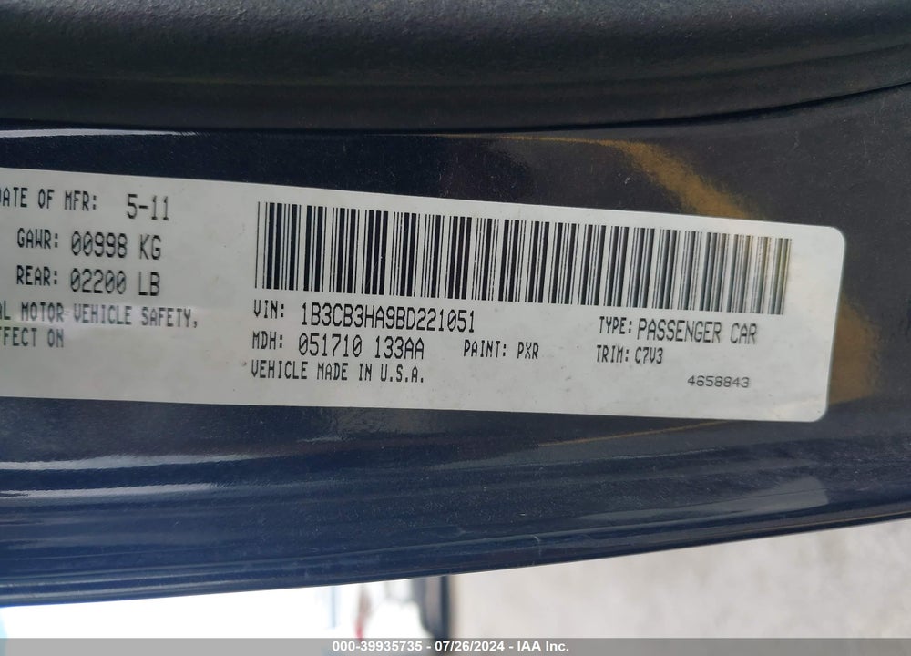 2011 DODGE CALIBER MAINSTREET VIN: 1B3CB3HA9BD221051