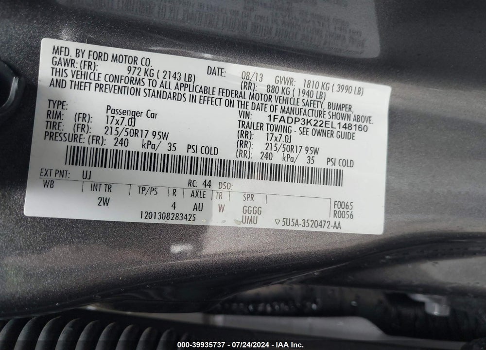 2014 FORD FOCUS SE VIN: 1FADP3K22EL148160