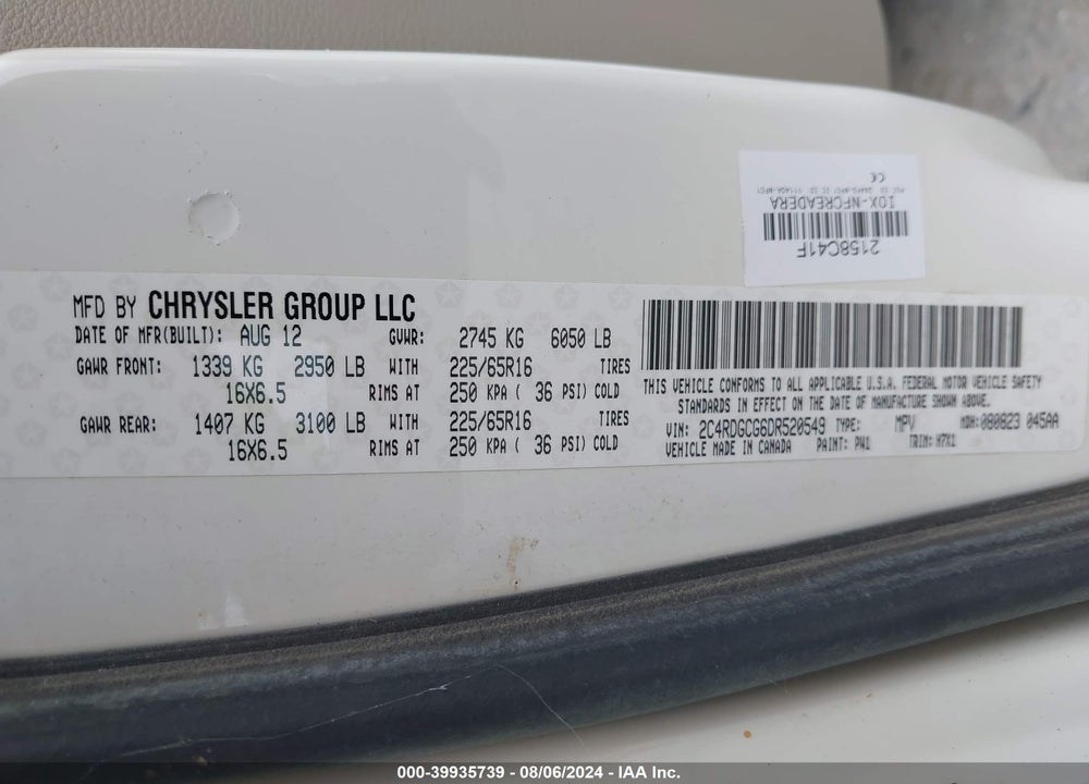 2013 DODGE GRAND CARAVAN SXT VIN: 2C4RDGCG6DR520549